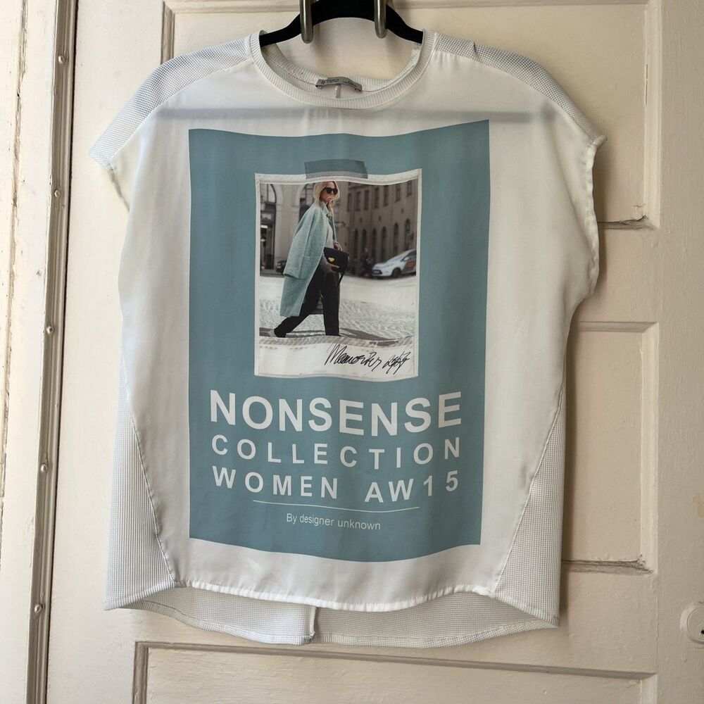 Zara Statement Top S White Photo Printed Fashion Paris  Runway Vogue Art to Wear